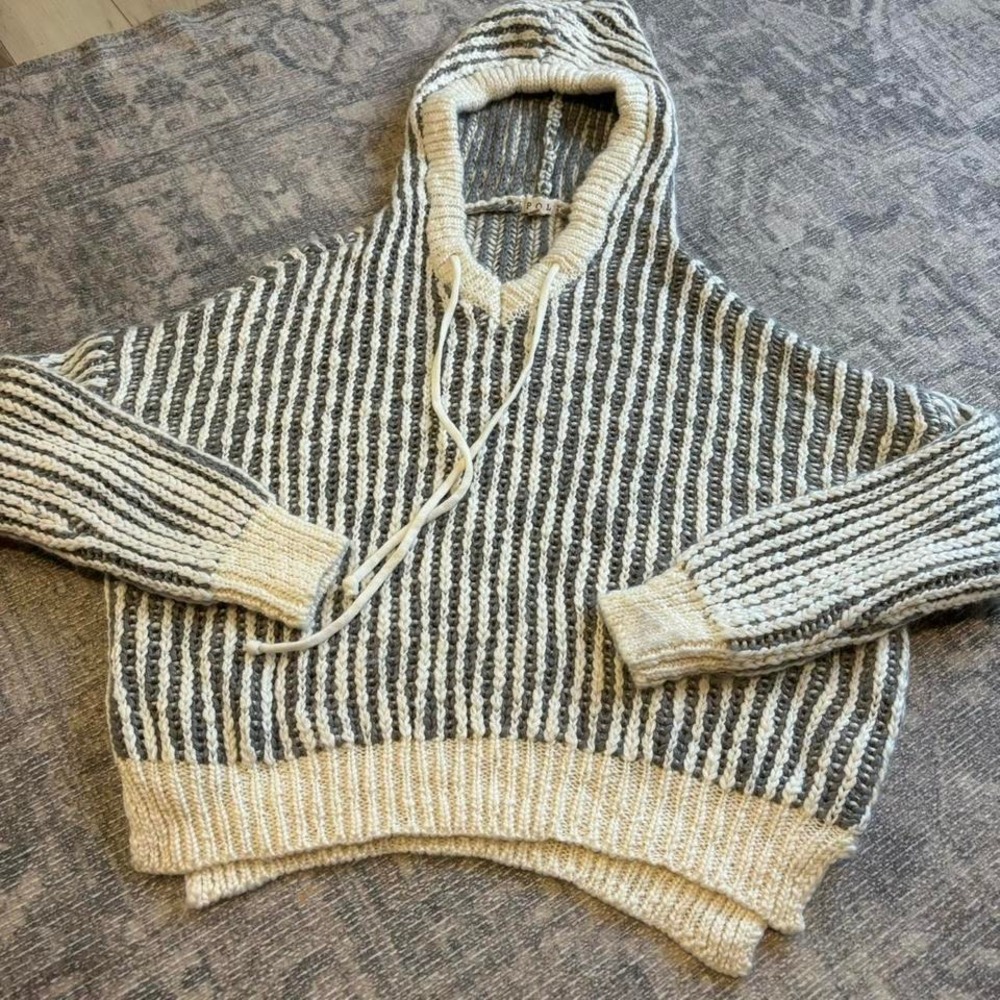 POL Striped Knit Hoodie in Black and Cream